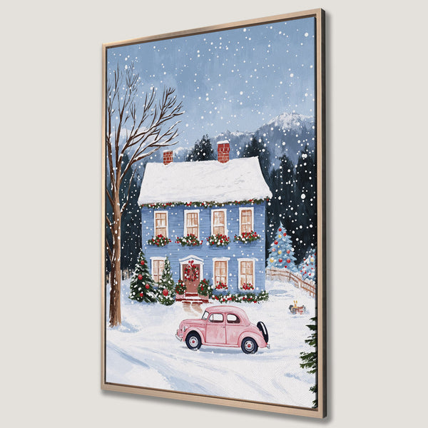 Framed Wall Art: Winter scene Canvas Print with a blue house, pink car, and snowy landscape. Features a charming, whimsical style with a cool blue and pink color palette.
