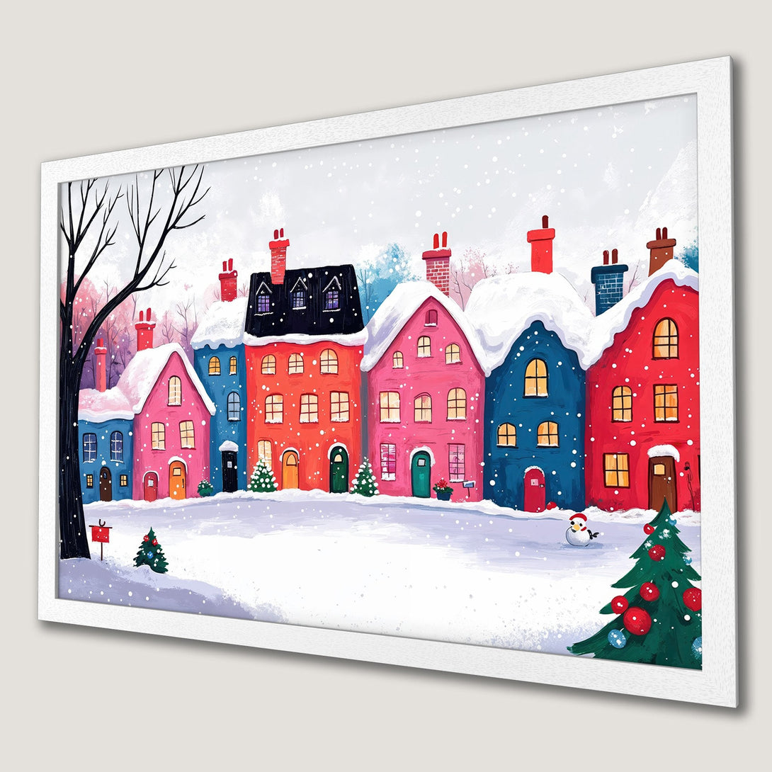 Framed Poster of a whimsical winter village scene. Colorful houses in a snowy landscape, perfect for holiday decor!