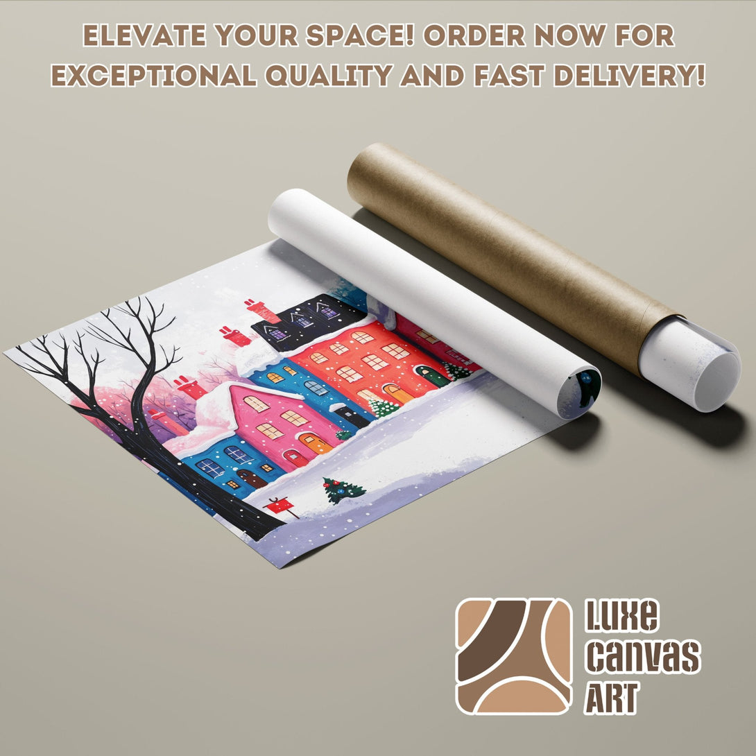 Winter village art Poster Roll, colorful houses in a whimsical style.