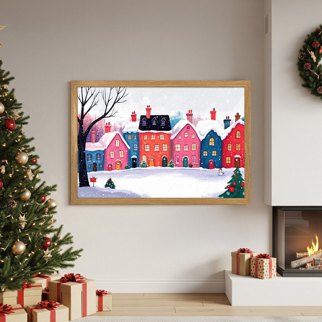 Framed Poster featuring a whimsical winter village scene in a colorful palette, perfect holiday decor.