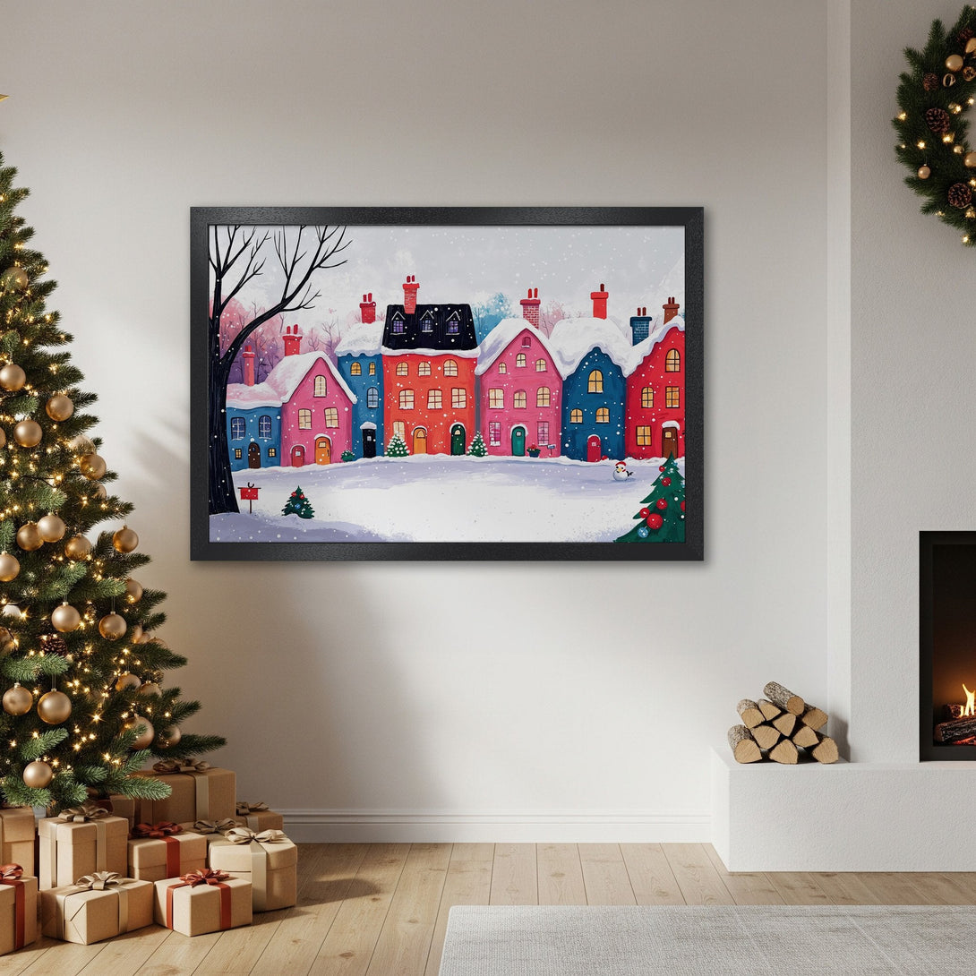 Framed Poster featuring a colorful winter village scene. Charming watercolor style with a vibrant, festive color palette. Perfect holiday decor!