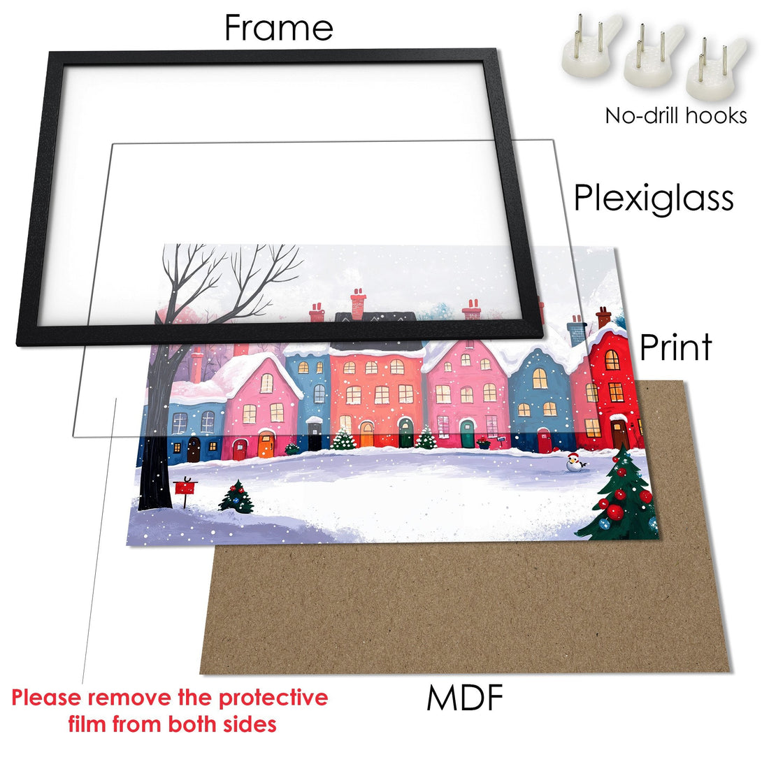 Framed Poster featuring a winter village scene in a whimsical style with a colorful, pastel palette. Perfect wall art!