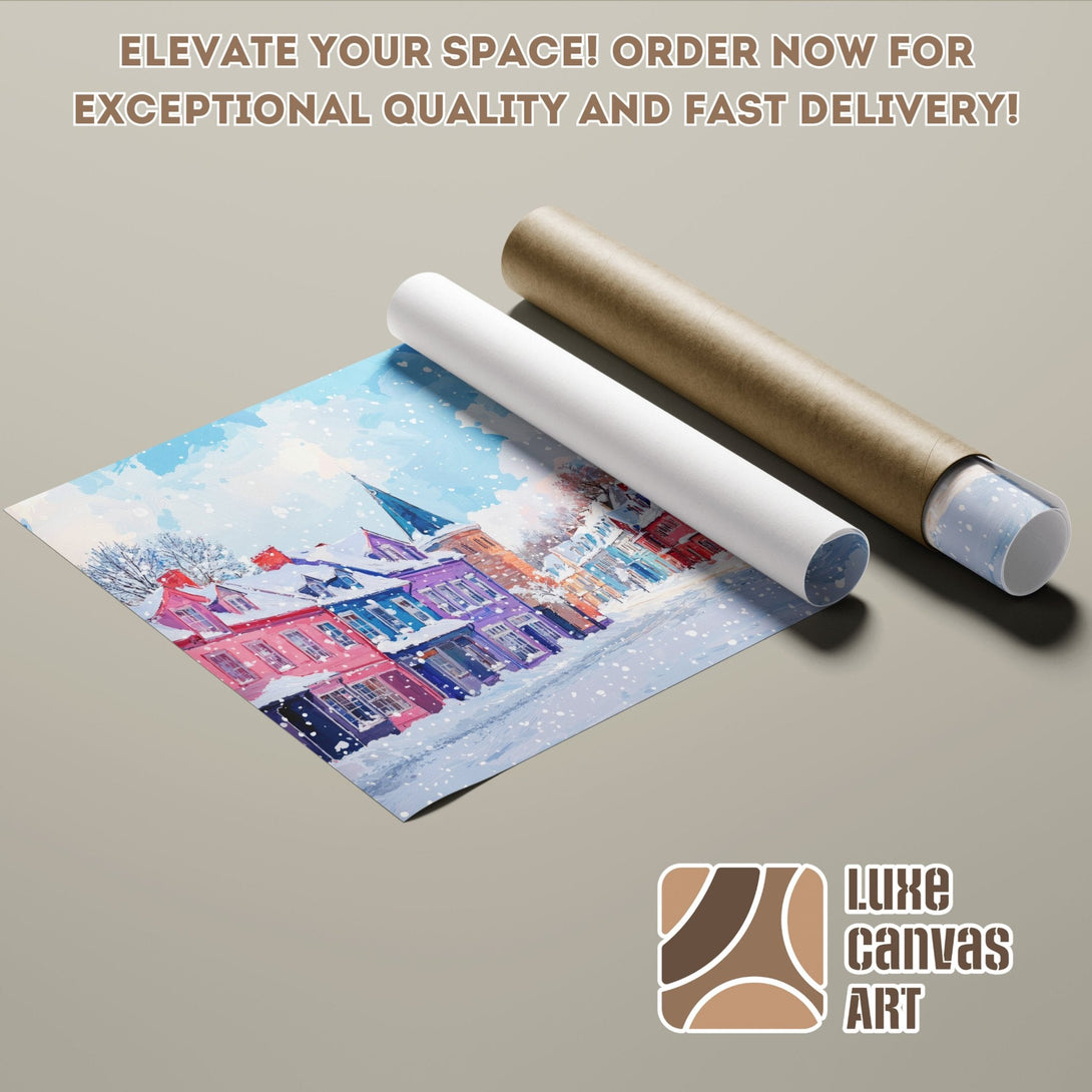 Poster Roll featuring a colorful winter village scene, perfect for home decor. Order now!