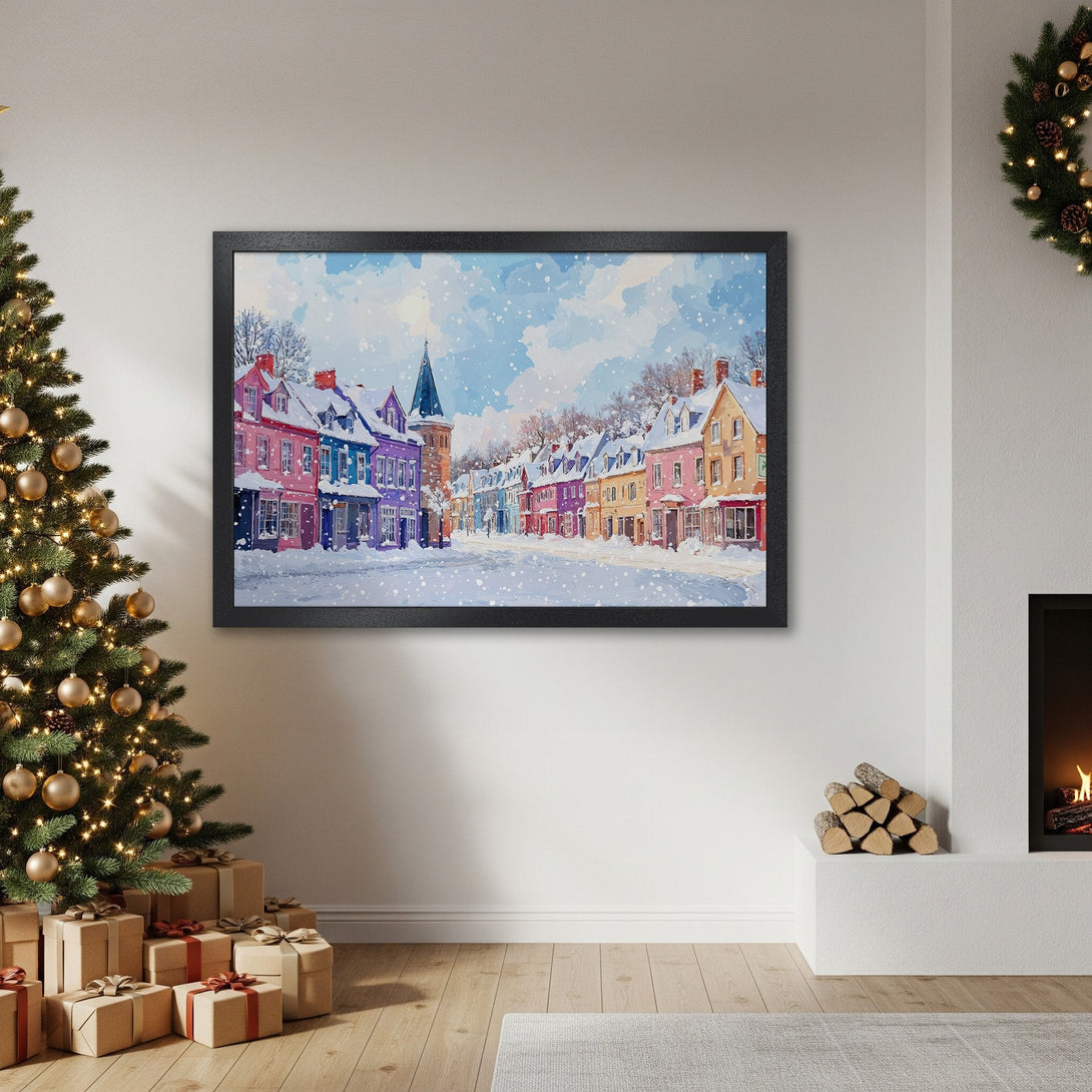 Framed Poster of a colorful winter street scene. Watercolor style with a vibrant, festive color palette. Perfect for holiday decor!
