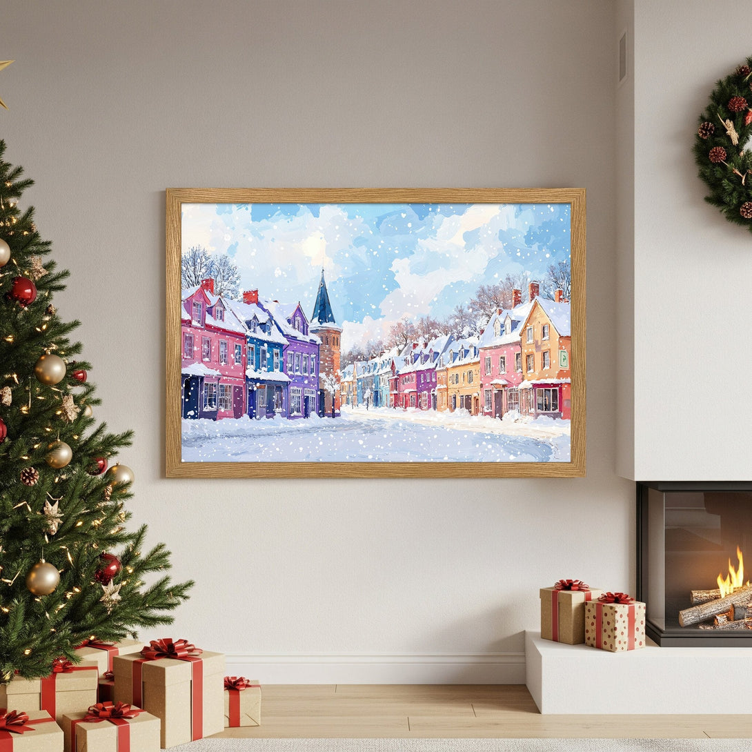 Framed Poster of a snowy village scene in watercolor style with a colorful palette. Perfect holiday decor!