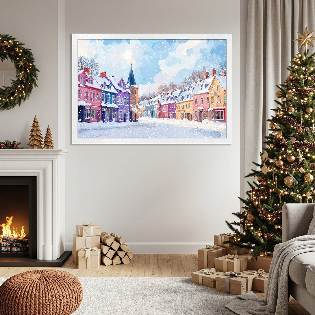 Framed Poster of a snowy village scene. Watercolor style, colorful buildings, winter blue & pastel palette. Perfect holiday decor.