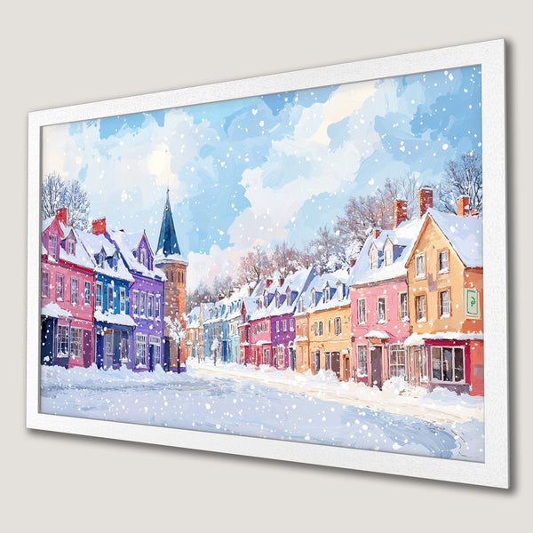 Framed Poster of a colorful winter street scene. Impressionistic style with a vibrant palette of pinks, blues, and yellows. Perfect wall art!