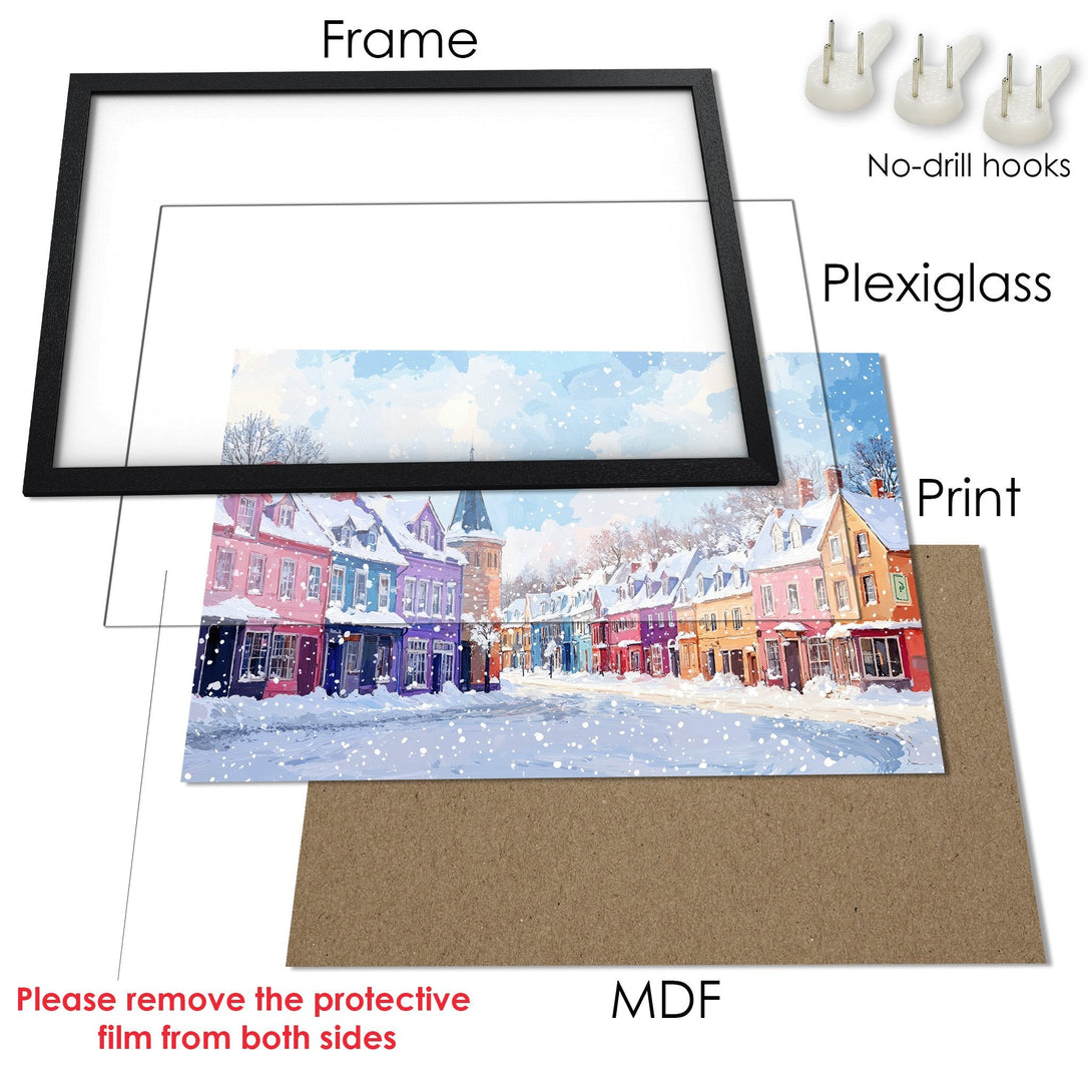 Framed Poster of a winter village scene. Watercolor style art with colorful buildings. Ready to hang art for your home.