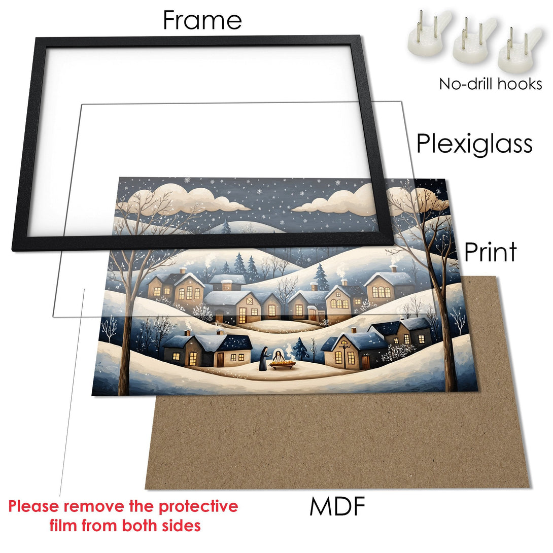 Framed Poster of a winter village scene in watercolor style. Features a cool blue and warm brown color palette. Perfect wall art!