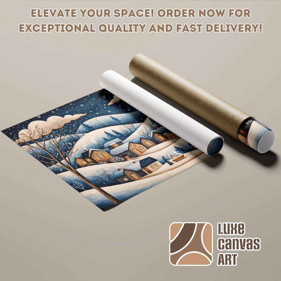 Winter landscape poster roll in blue and brown tones. Elevate your space with this beautiful poster!