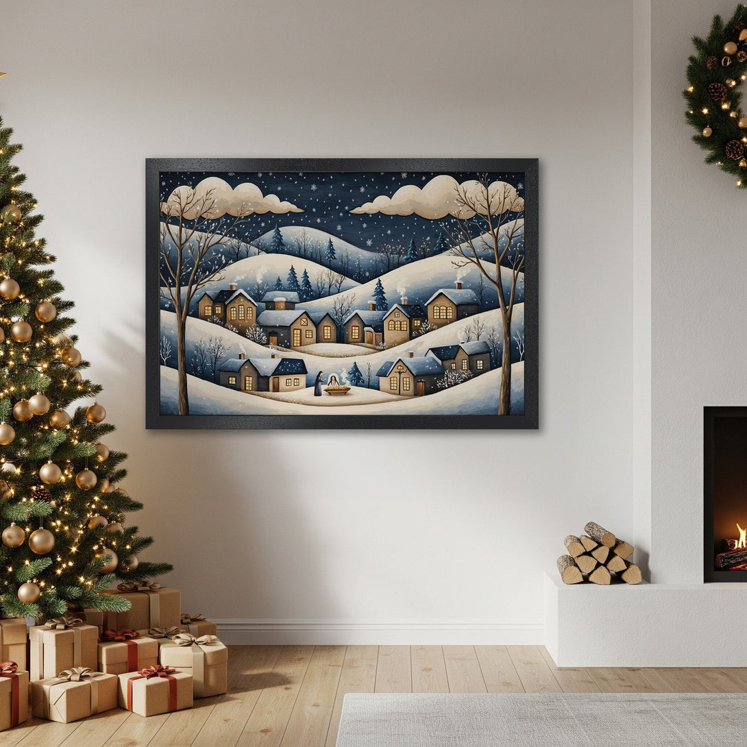 Framed Poster of a winter village scene in watercolor style. Blue and beige color palette, perfect for holiday decor.