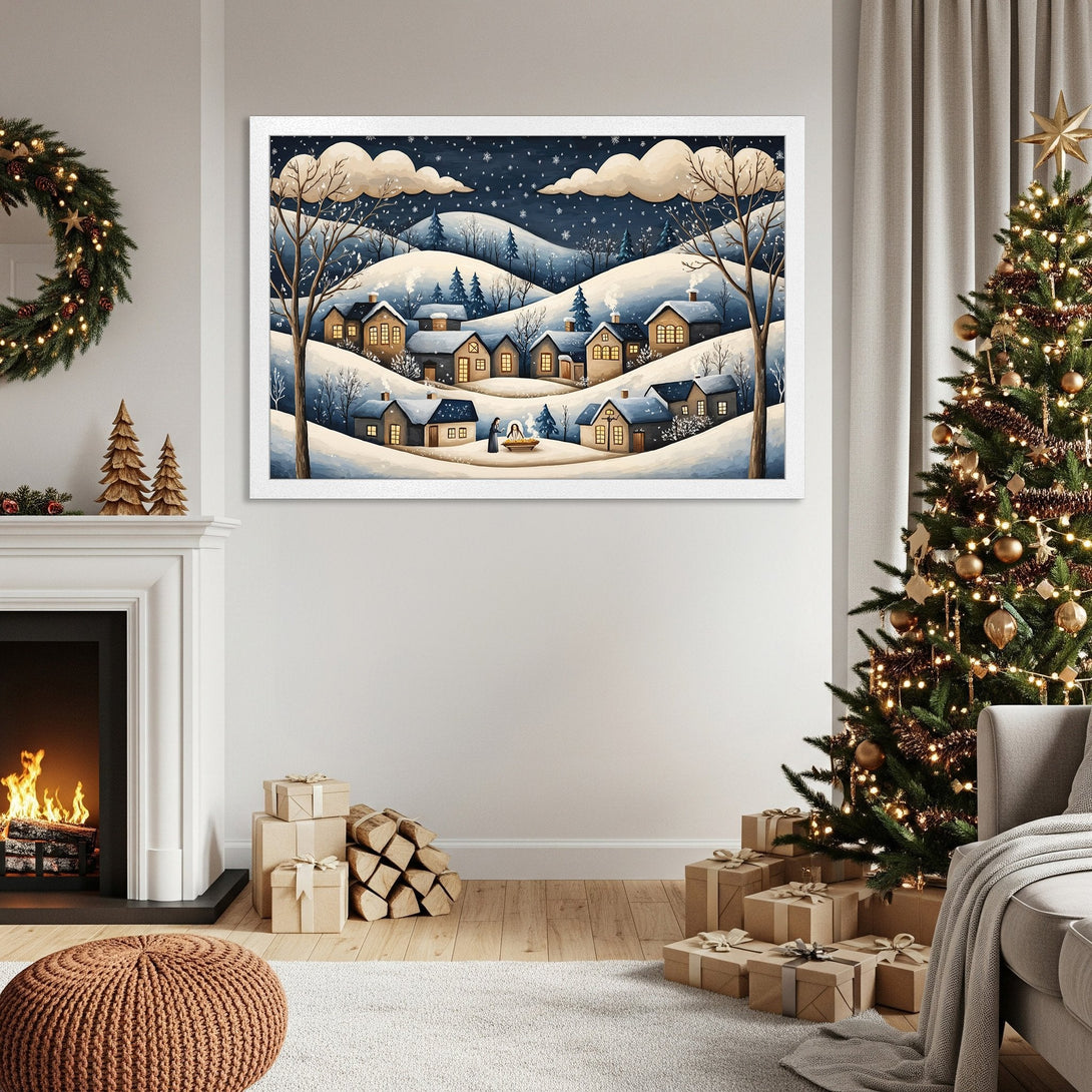 Framed Poster of a winter village scene in a watercolor style, featuring a blue and beige color palette. Perfect holiday decor!