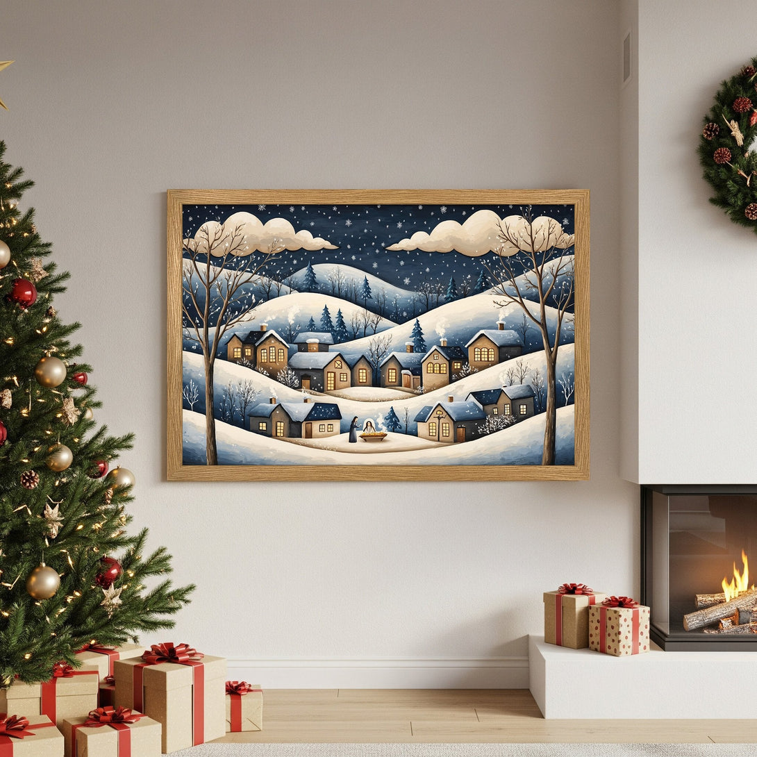 Framed Poster of winter village scene in blue and beige tones. Perfect Christmas decor!