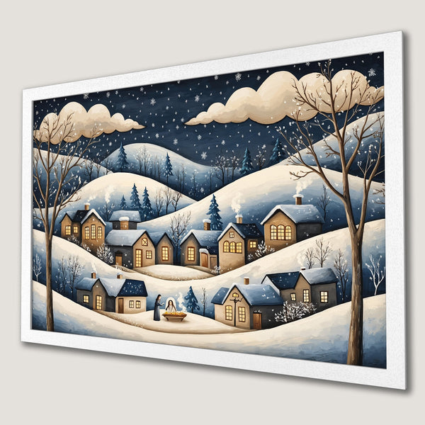 Framed Poster featuring a winter village scene in a charming, watercolor style with a blue and beige color palette. Perfect for holiday decor!
