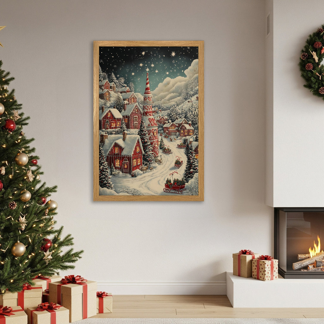 Framed Poster featuring a charming winter village scene in a cozy, vintage style with a red and white color palette. Perfect holiday decor!