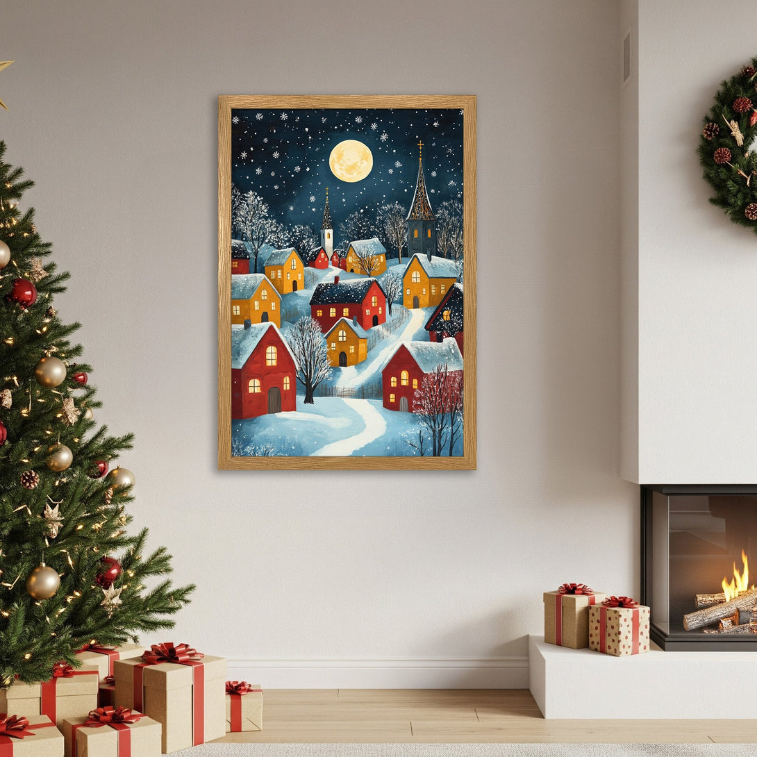 Framed Poster of a winter village scene with a warm color palette, perfect holiday decor.