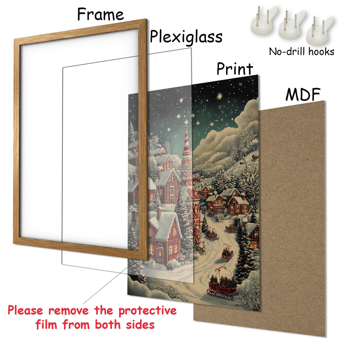 Framed Poster featuring a winter village scene in a vintage style with a warm, inviting color palette. Perfect for holiday decor!