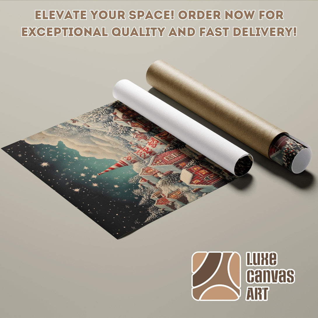 Poster Roll featuring a winter village scene, with a dark blue and red color palette. Order yours today!