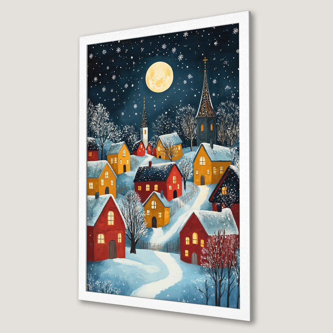 Framed Poster of a whimsical winter village scene. Featuring a warm color palette with reds, yellows, and blues. Perfect for cozy decor.