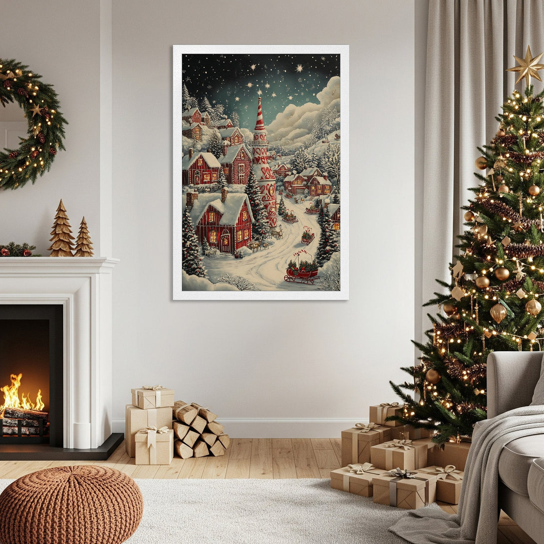 Framed Poster of a winter village scene in a whimsical style with red and white accents. Perfect holiday decor.