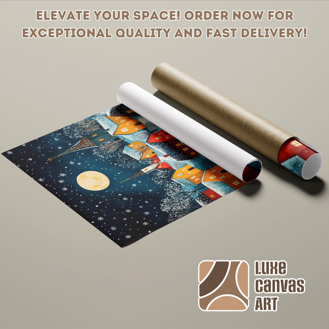 Poster Roll featuring a winter village scene with a blue, orange, and yellow color palette. Order now!