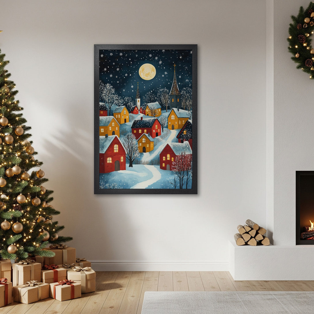Framed Poster of a winter village scene in a cozy, warm style with a blue, yellow, and red color palette. Perfect holiday decor!