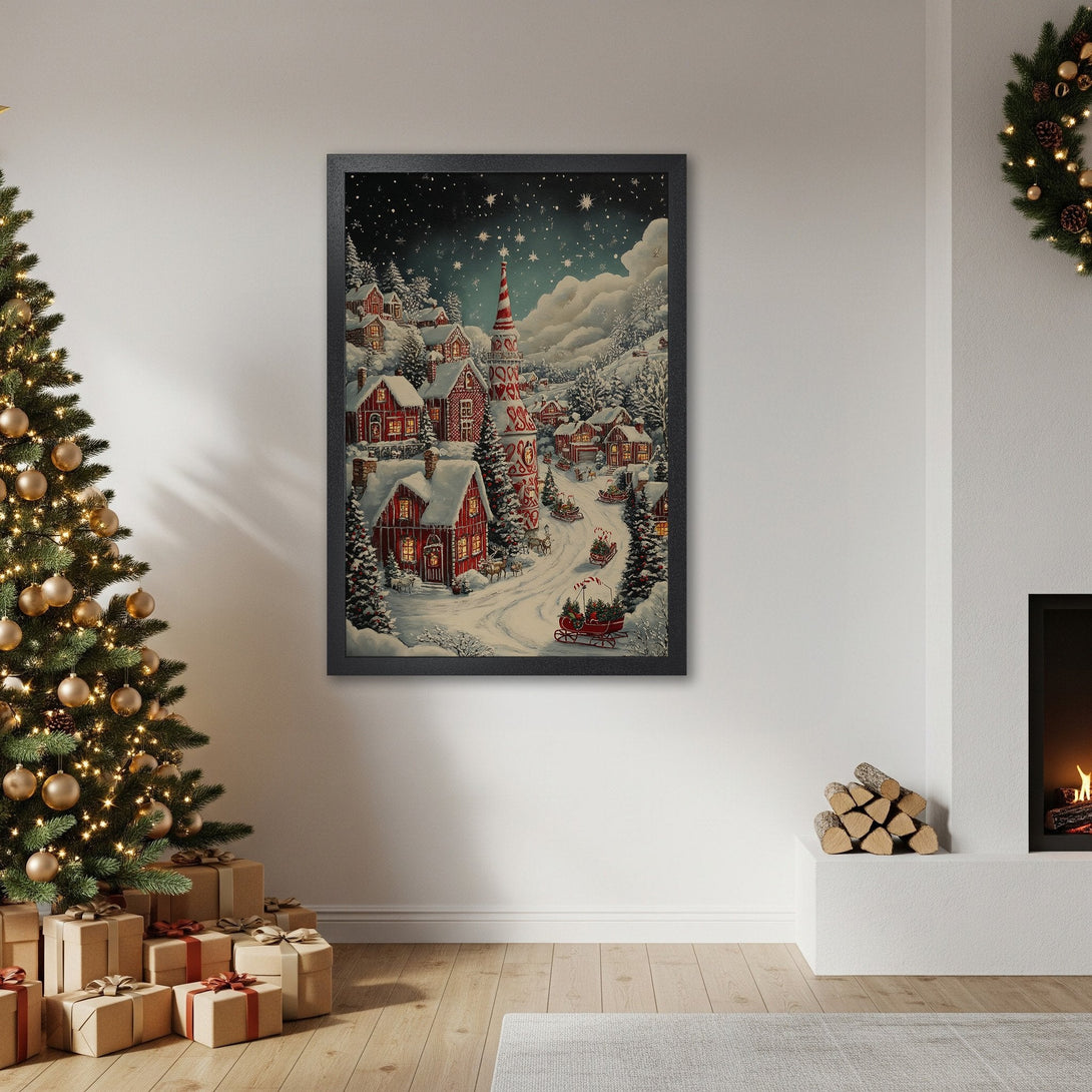 Framed Poster featuring a winter village scene in a whimsical style with a red, white, and blue color palette, perfect for Christmas decor.