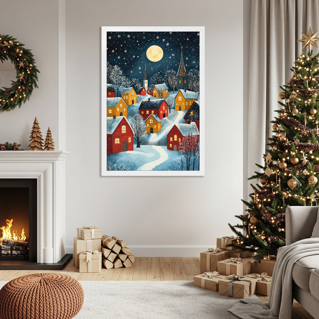 Framed Poster featuring a winter village scene in a whimsical style with a blue, yellow, and red color palette, perfect for holiday decor.