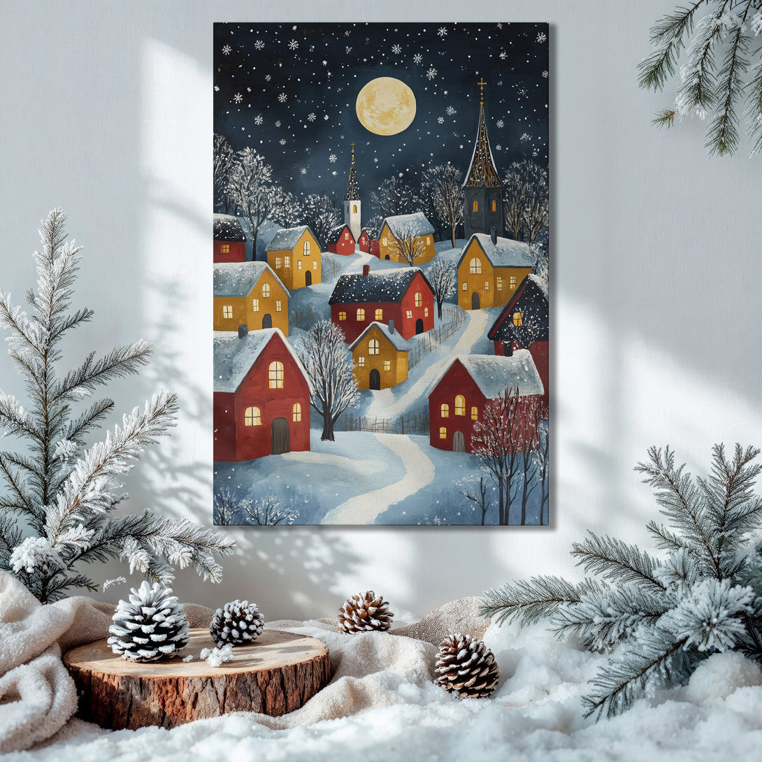 Framed Wall Art: Winter village scene Canvas Print with warm red, yellow, and blue hues. Perfect holiday decor for a cozy home.