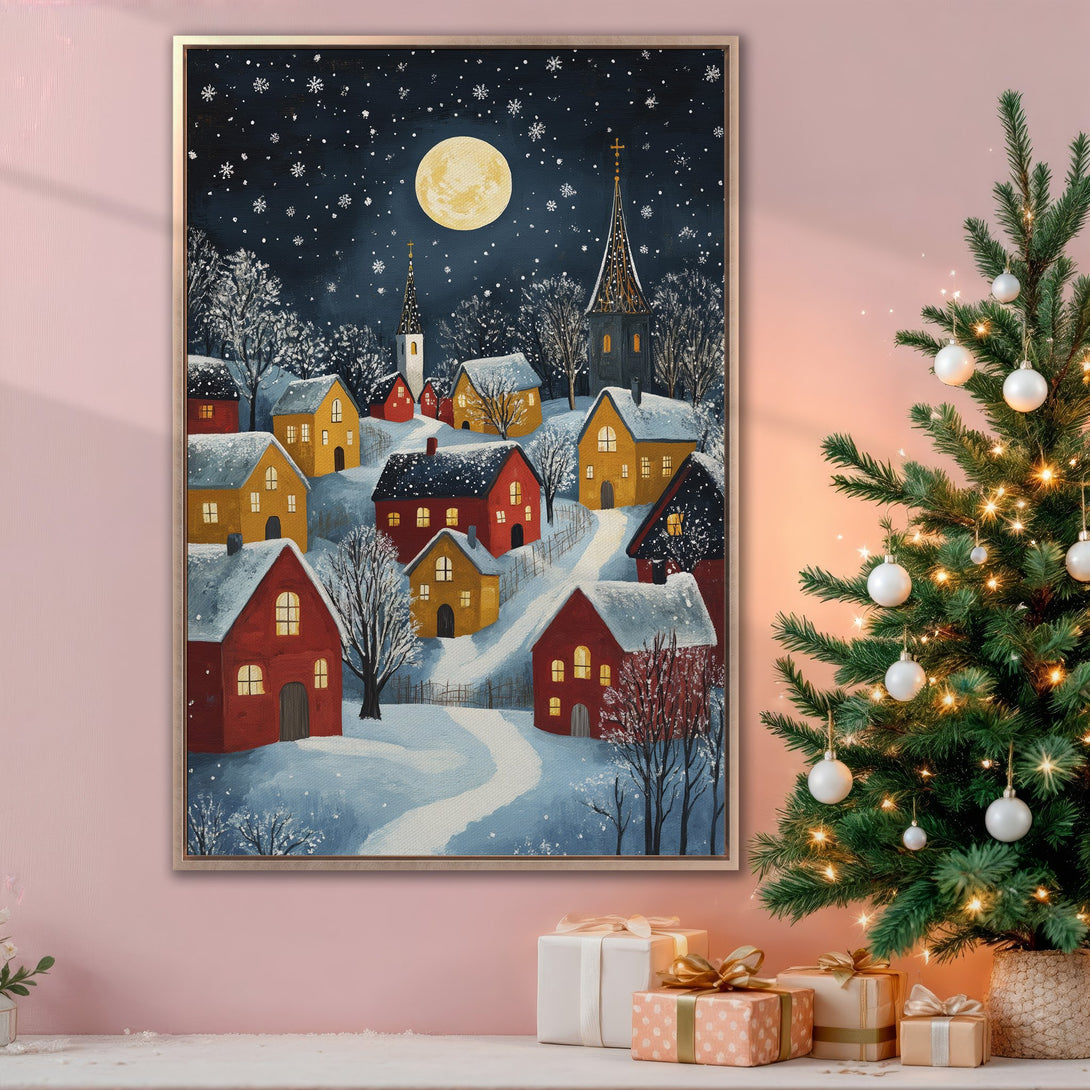 Framed Wall Art: Winter village scene with a full moon. Cozy, folk art style with red, yellow, and blue color palette. Perfect holiday decor.