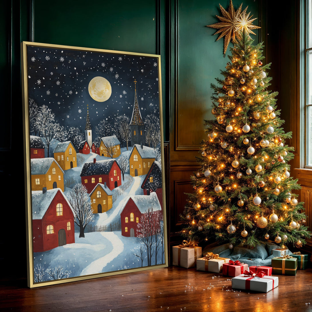 Canvas Print of a winter village scene with a full moon, in a whimsical style with a blue, yellow, and red color palette.