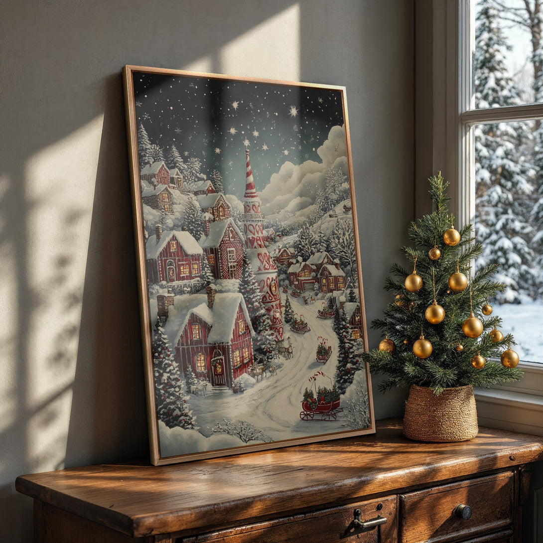 Framed Wall Art: Charming winter village scene in a vintage style. Red, white, and blue color palette. Perfect for cozy holiday decor.