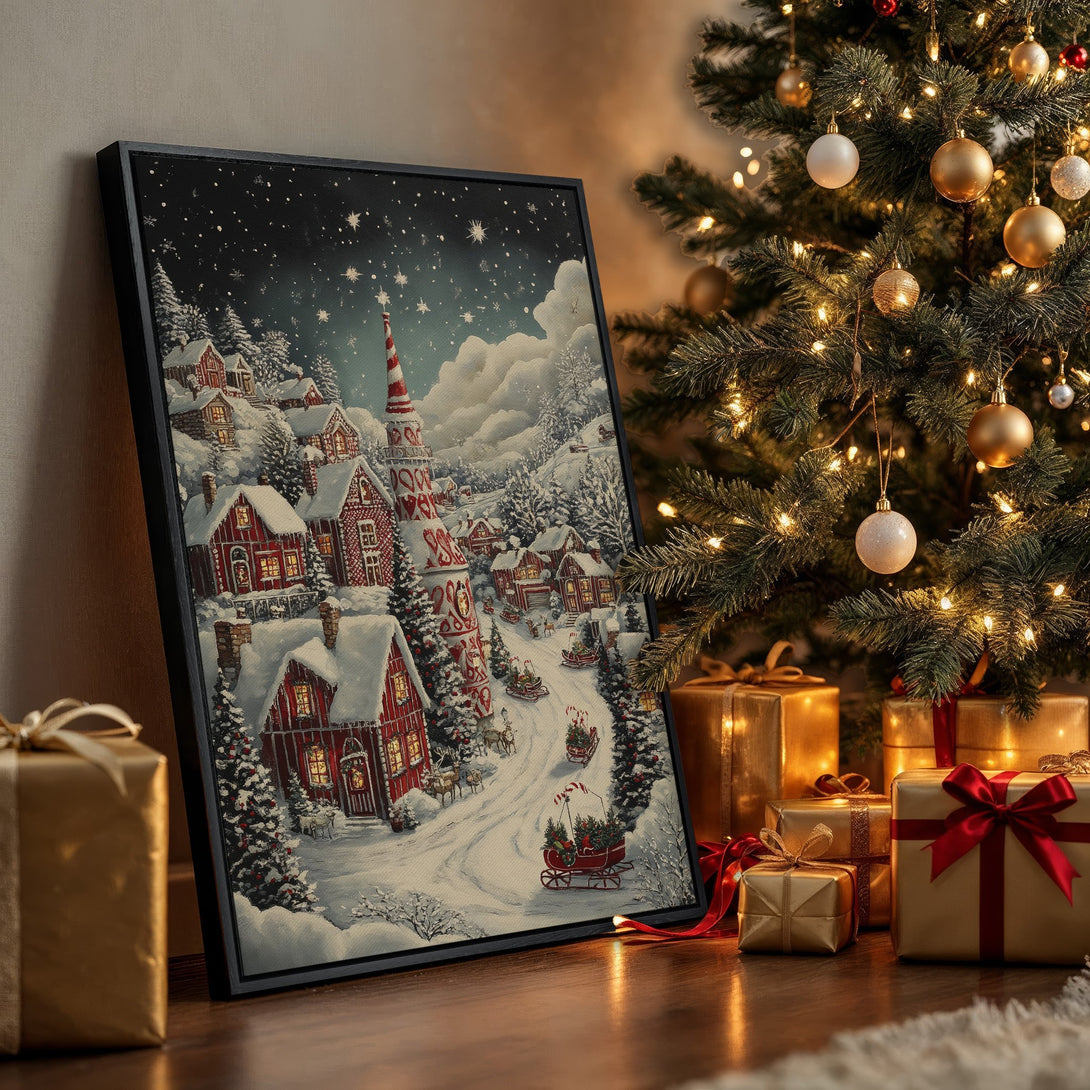 Framed Wall Art: Winter village scene in a cozy, vintage style. Featuring a snowy landscape with red houses, a starry sky, and a warm color palette. Perfect Christmas decor.
