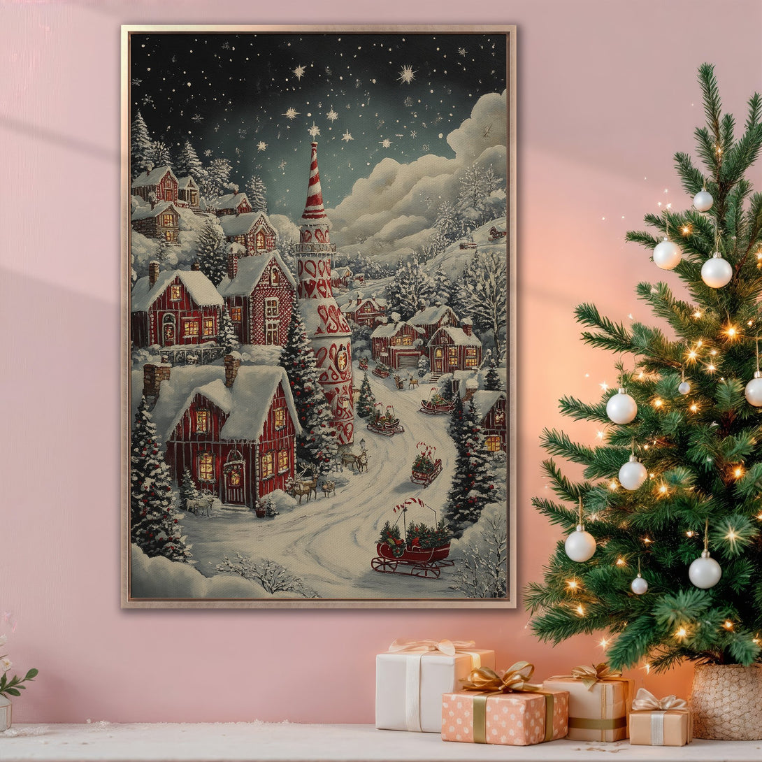 Framed Wall Art: Festive winter village scene in red, white, and blue. Charming holiday decor for your home. Perfect Christmas Canvas Print!