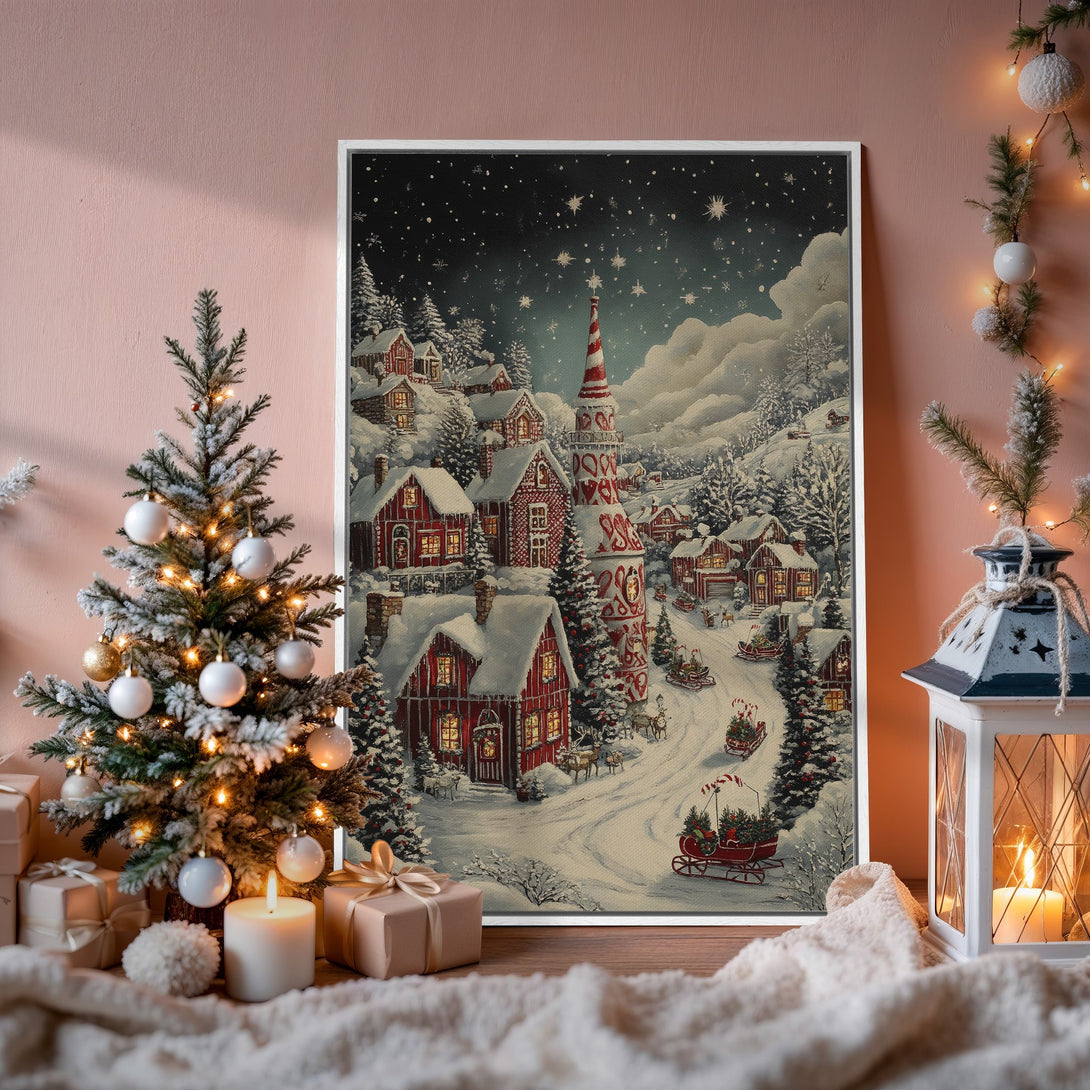 Framed Wall Art of a cozy winter village in red, white, and blue. Perfect for holiday decor! Add warmth to your home with this beautiful Canvas Print.