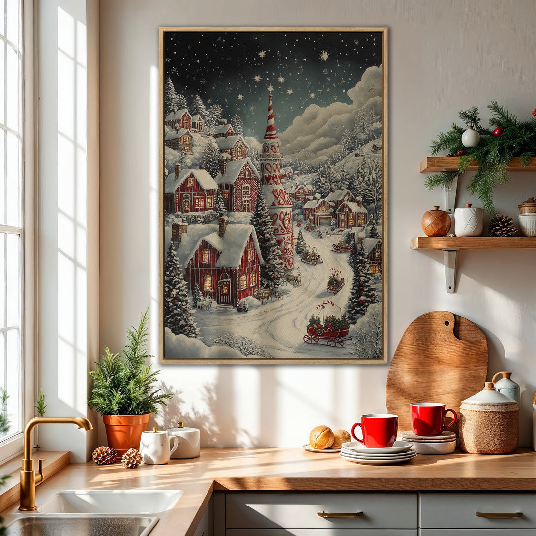 Framed Wall Art: Winter village scene with red houses, snow, and starry night sky. Cozy, vintage style with a red, white, and blue color palette. Perfect for holiday decor.