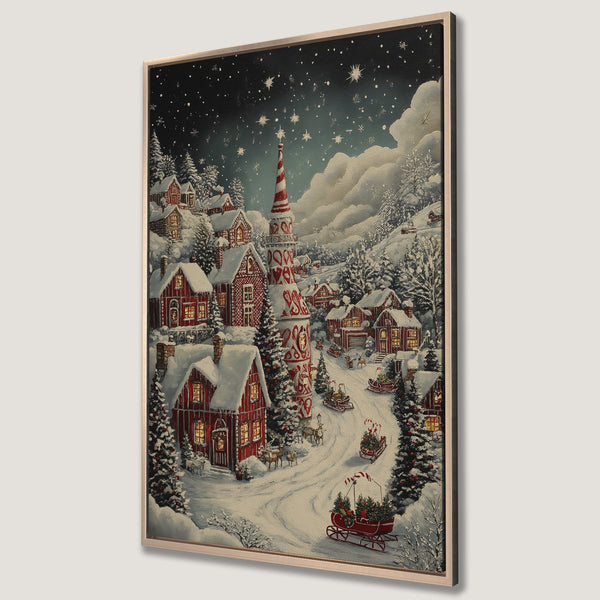 Framed Wall Art featuring a charming winter village scene with red houses, a starry night sky, and a warm, inviting color palette. Perfect holiday decor!