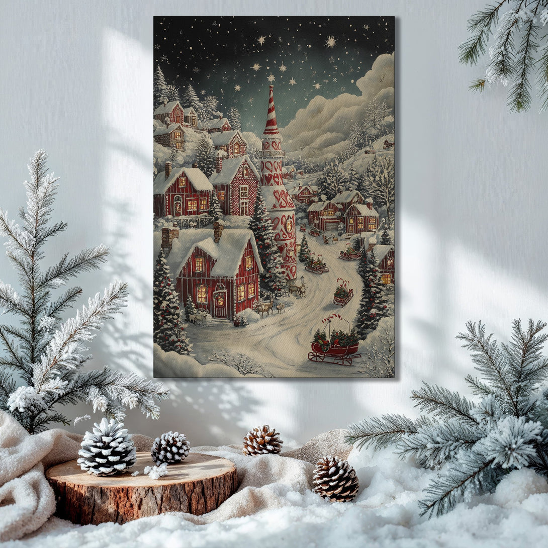 Framed Wall Art: Winter village scene in a cozy interior. Red, white, and gold palette. Perfect Christmas decor.