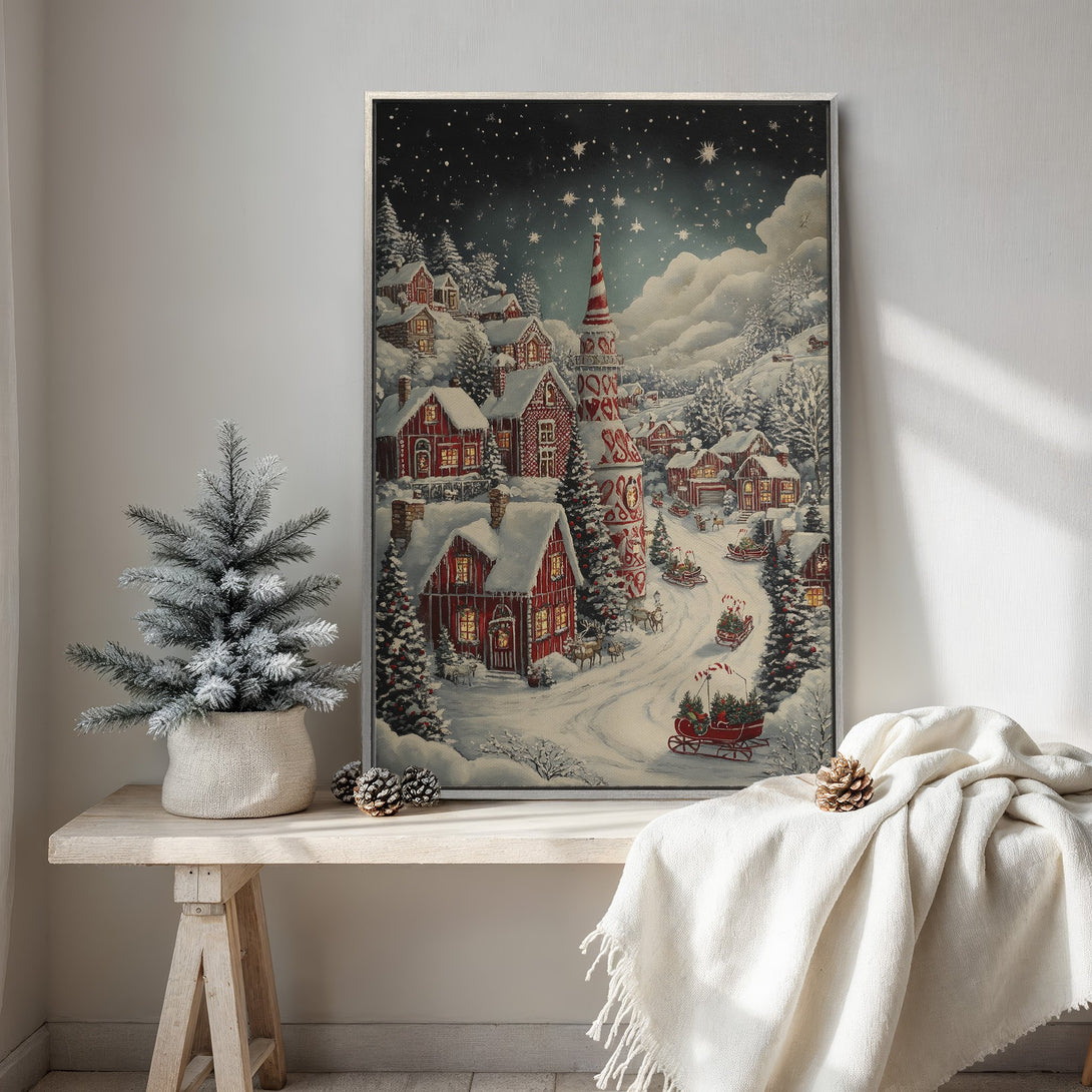Framed Wall Art: Winter village scene in a classic, vintage style. Red, white, and blue color palette. Perfect for Christmas decor.