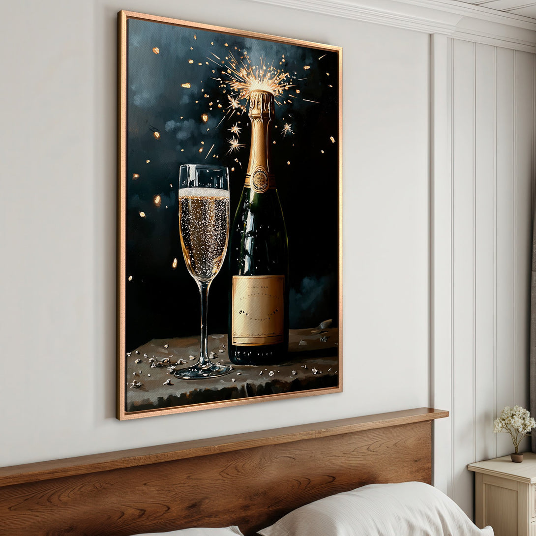 Framed Wall Art: Champagne bottle & glass painting with gold accents. Dark, moody style with a celebratory vibe. Perfect for home decor & gifting.