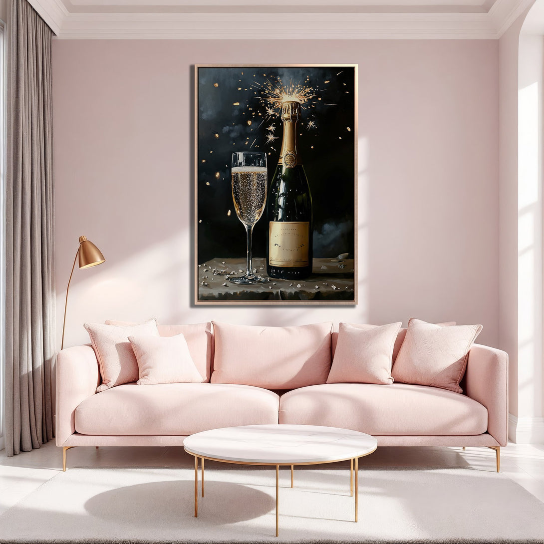 Framed Wall Art: Champagne bottle & glass painting in a luxury interior. Elegant style with a gold frame, dark & light color palette, perfect for home decor.