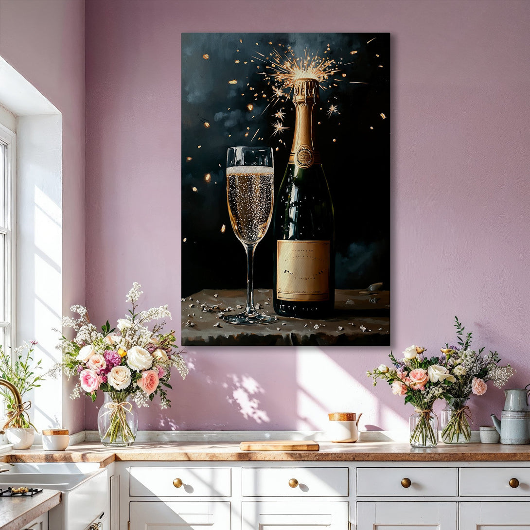Framed Wall Art: Champagne bottle & glass painting in a luxurious interior. Elegant style, gold frame, dark & light color palette. Perfect for home decor.
