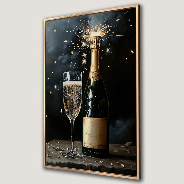 Framed Wall Art: Champagne bottle and glass with sparkling accents, dark and gold color palette. Perfect for adding a touch of celebration to your space.