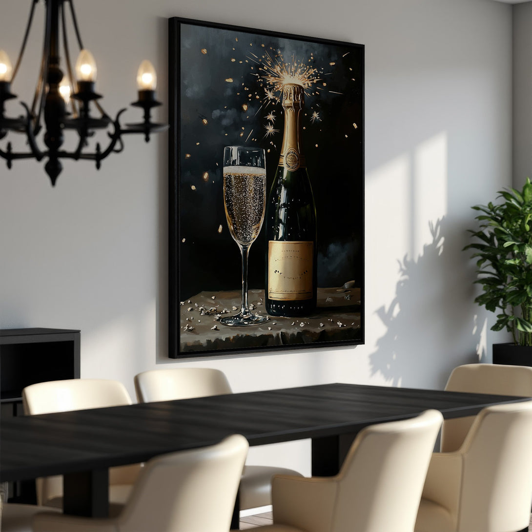 Framed Wall Art featuring a champagne bottle and glass, dark and gold tones, perfect for a dining room. Celebrate in style with this elegant print!