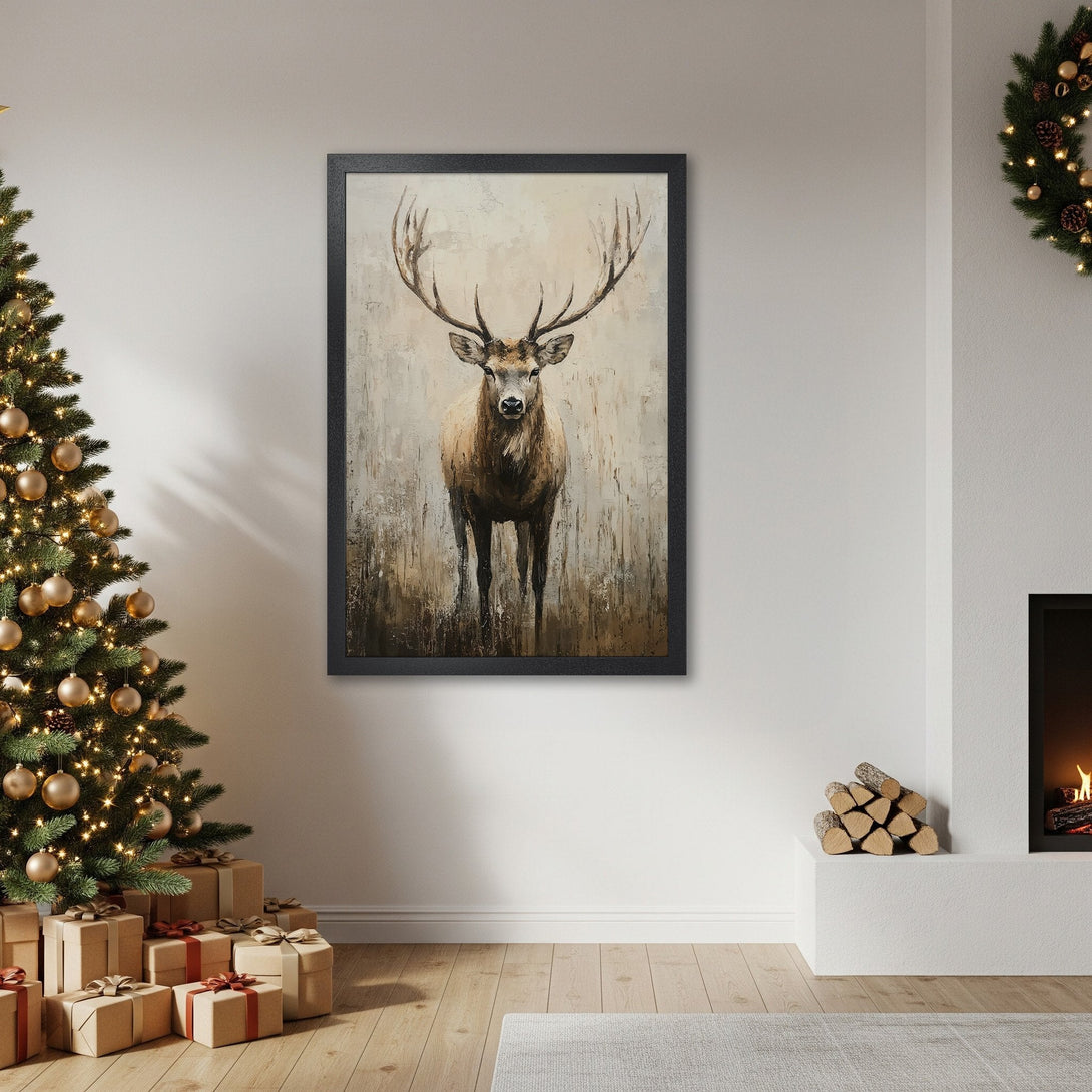 Framed Poster of a majestic deer in a neutral, warm color palette. Rustic art perfect for home decor.