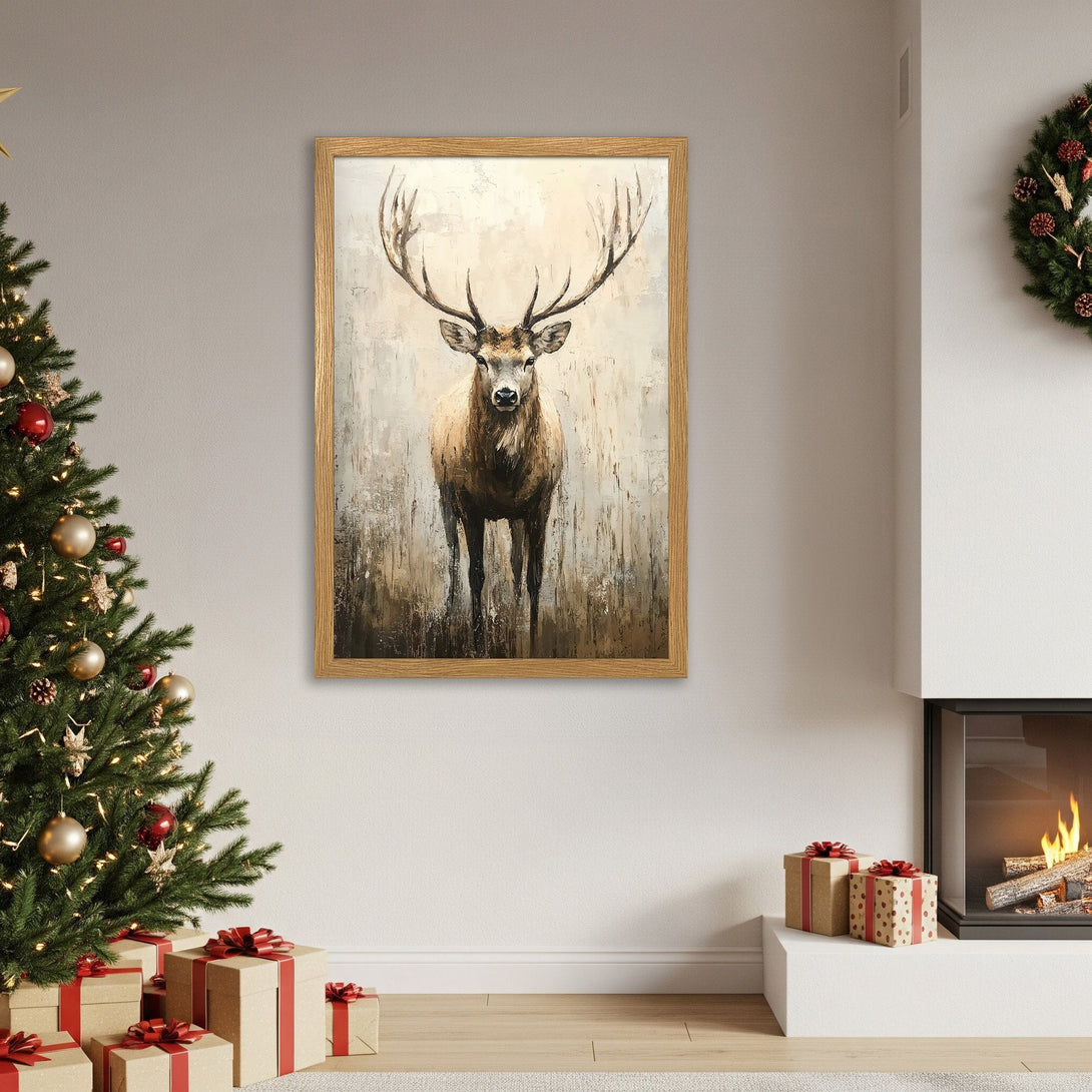 Framed Poster featuring a majestic stag in a neutral, earthy palette. Perfect wall art for any home.
