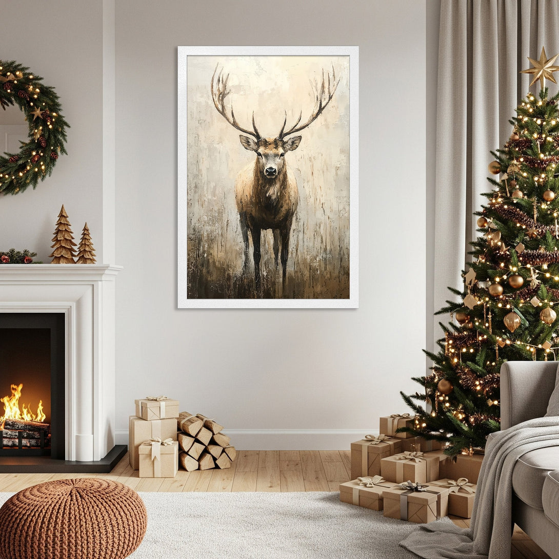 Framed Poster featuring a majestic stag in neutral tones. Perfect wall art for a cozy, rustic living room. Shop our art prints today!