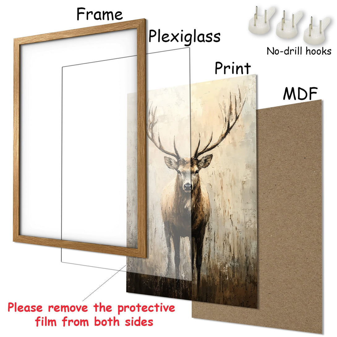 Framed Poster featuring a majestic deer in an abstract style with a neutral, earthy color palette. Perfect wall art for any home!