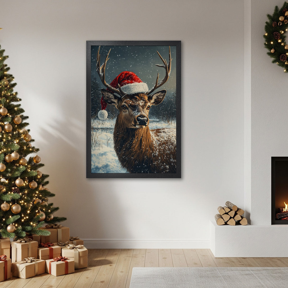 Framed Poster of a festive deer wearing a Santa hat, painted in a realistic style with a wintery, cool color palette. Perfect Christmas decor!
