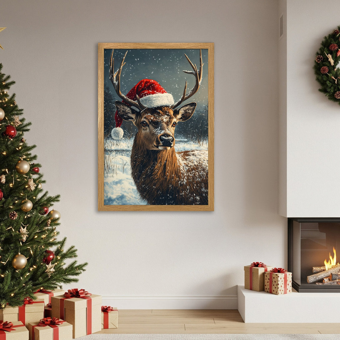 Framed Poster featuring a festive deer wearing a Santa hat, painted in a wintery style with a warm, neutral color palette. Perfect Christmas decor!